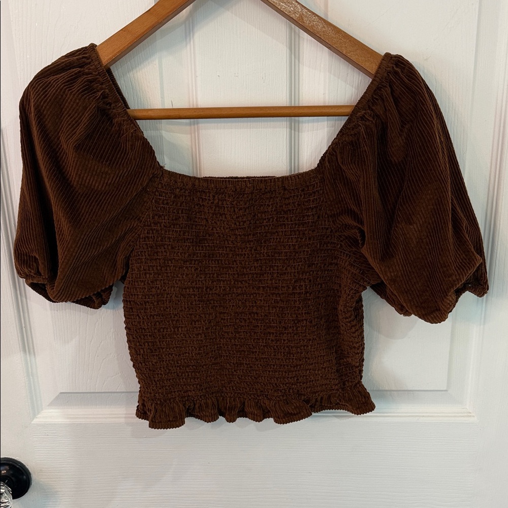 American Eagle Outfitters Brown Smocked Puff-Sleeve Crop Top